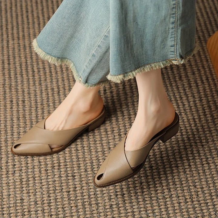 Summer Leather Mules for Women | Pointed Toe Chunky Heel Sandals