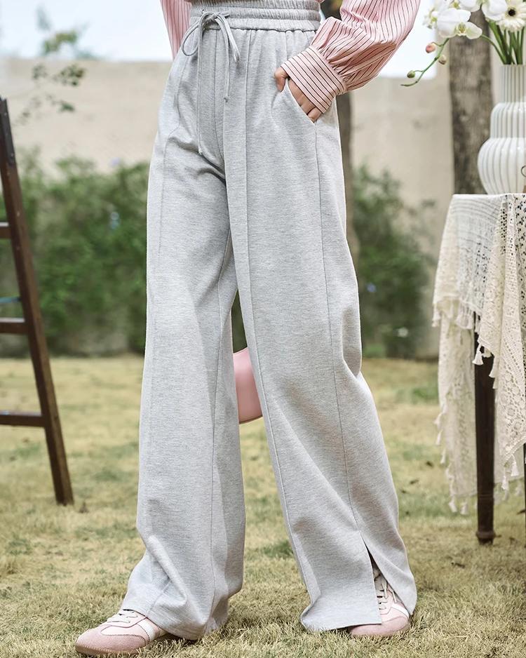 High-Waisted Wide Leg Casual Pants with Lace-Up Waist