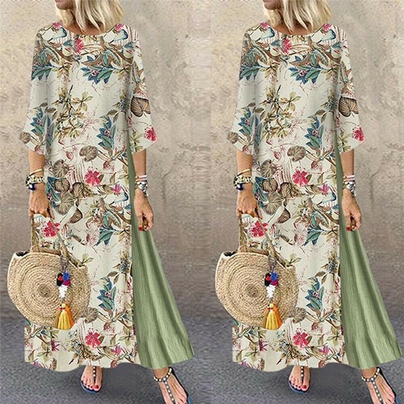 Femmes Floral Print O-Neck 3/4 Sleeve Casual Belted Maxi Robes