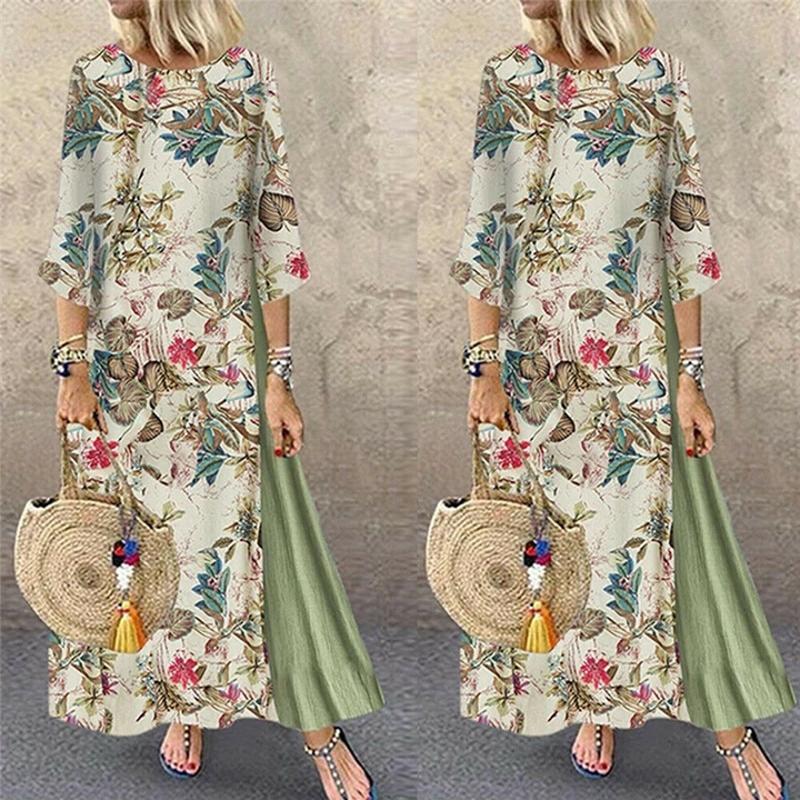 Women Floral Print O-Neck 3/4 Sleeve Casual Belted Maxi Dresses