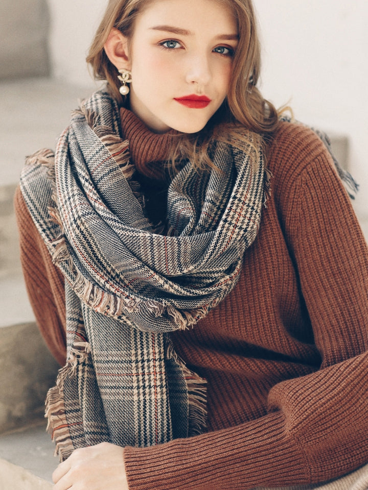 Designer Plaid Wool Houndstooth Scarf for Women - Luxury Lambwool Pashmina Shawl