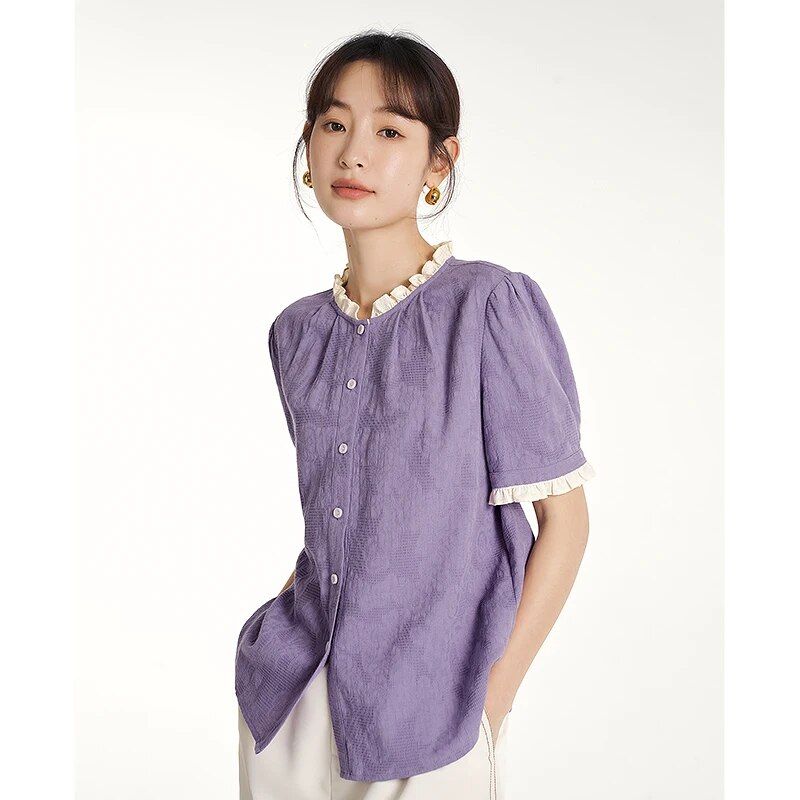 Summer Puff Sleeve Lace Neckline Blouse