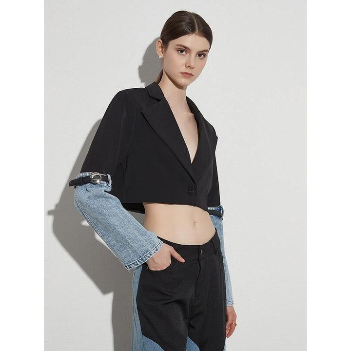 Colorblock Patchwork Denim Short Coat