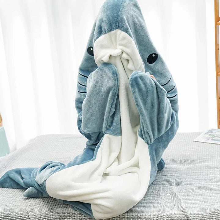 Cozy Shark-Themed Cartoon Sleeping Bag Pajamas & Shawl