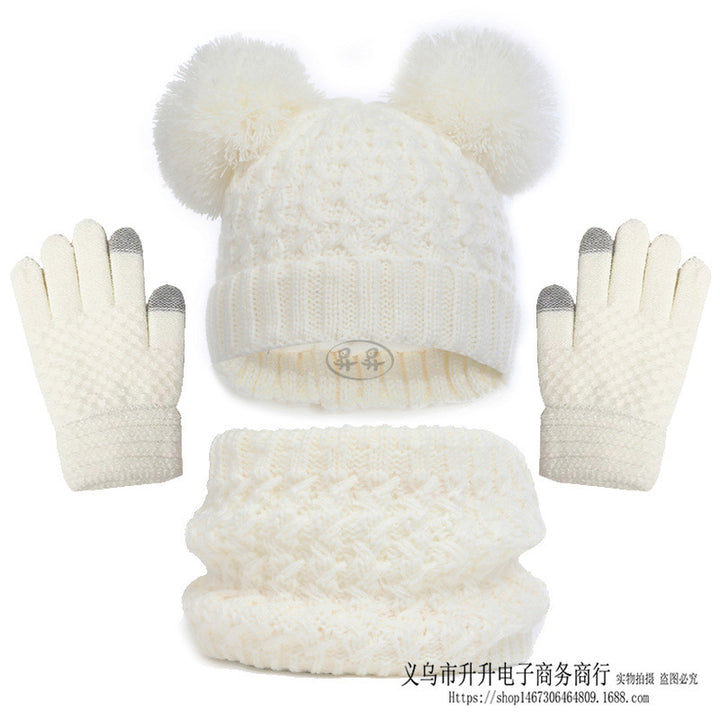 Children's Autumn And Winter Fleece-lined Thickened Double Ball Hat Scarf Gloves Three-piece Set