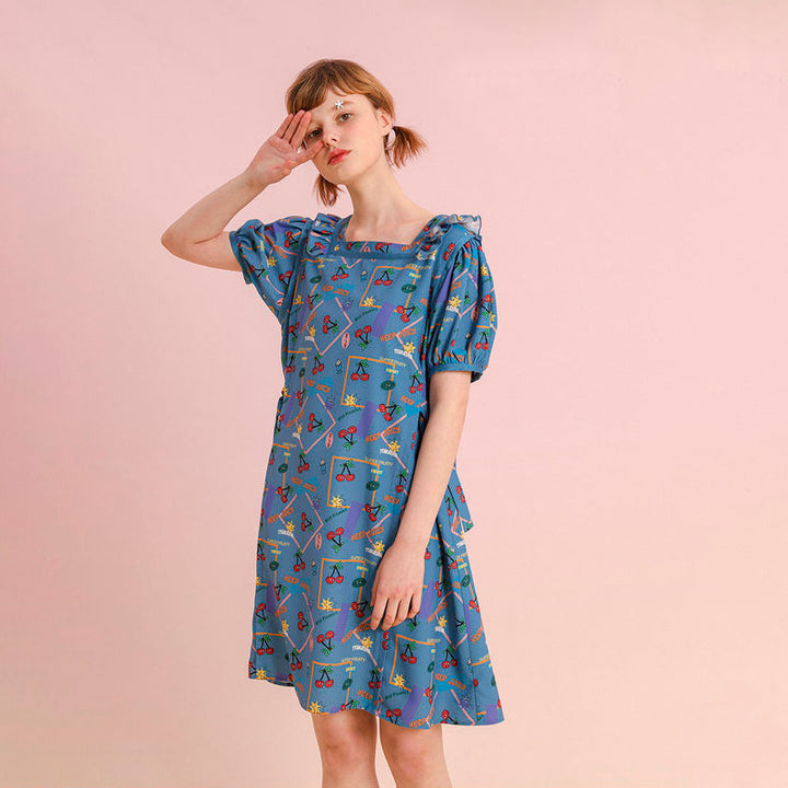 Summer Chiffon Knee-Length Dress with Puff Sleeves and Fruit Print