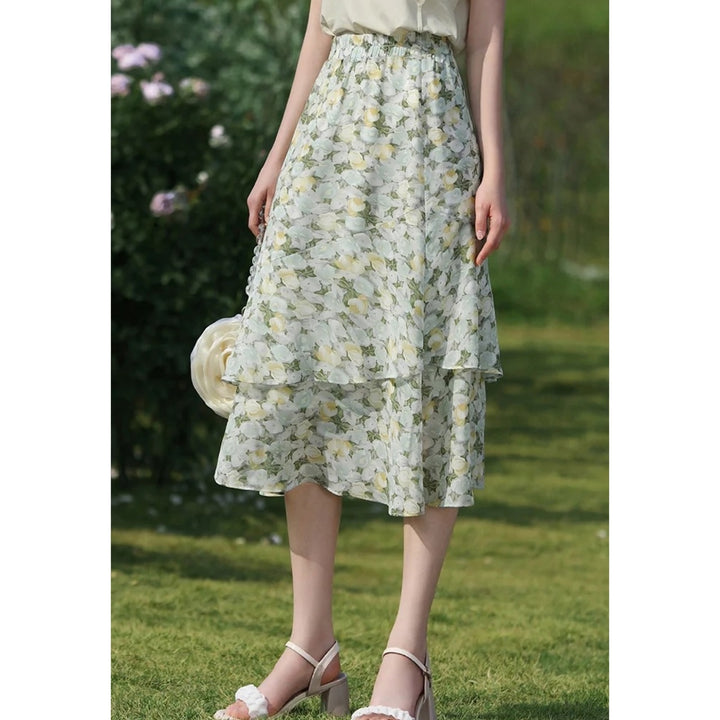 Green Floral Chiffon Skirt
