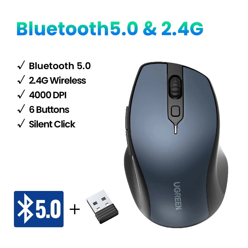 Wireless Bluetooth 5.0 & 2.4G Ergonomic Mouse - 4000DPI, 6 Silent Buttons, Dual Mode Connectivity