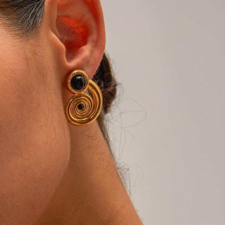 18K Gold Stainless Steel Spiral Hoop Earrings with Natural Stone Inlay