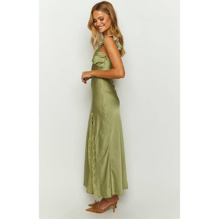 Elegant V-Neck Sleeveless Ruffle Maxi Dress with Backless Design