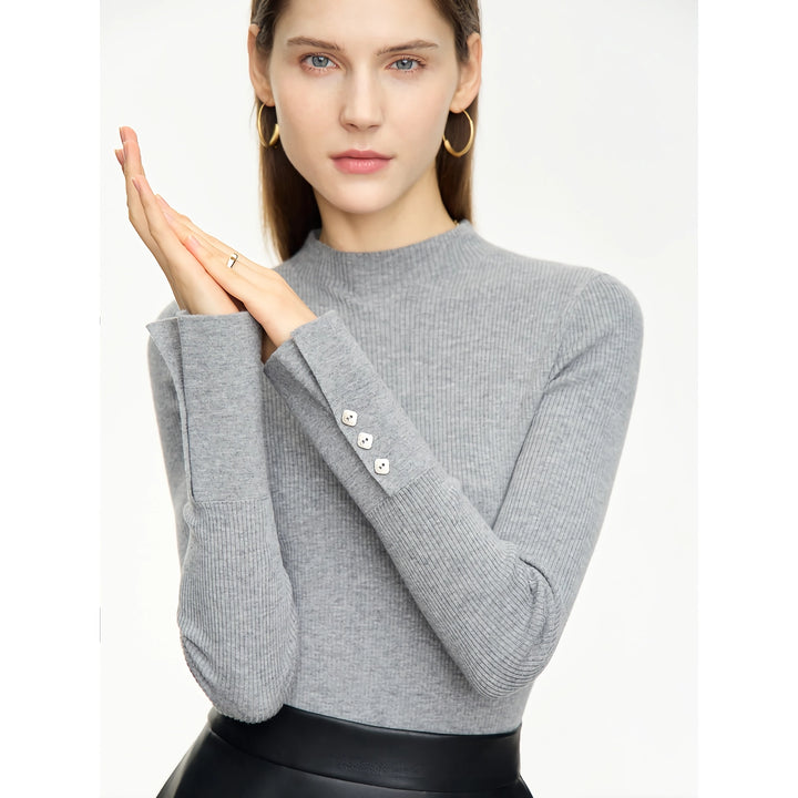 Minimalist Mock Neck Sweater with Slit Cuffs and Metal Buckle for Women