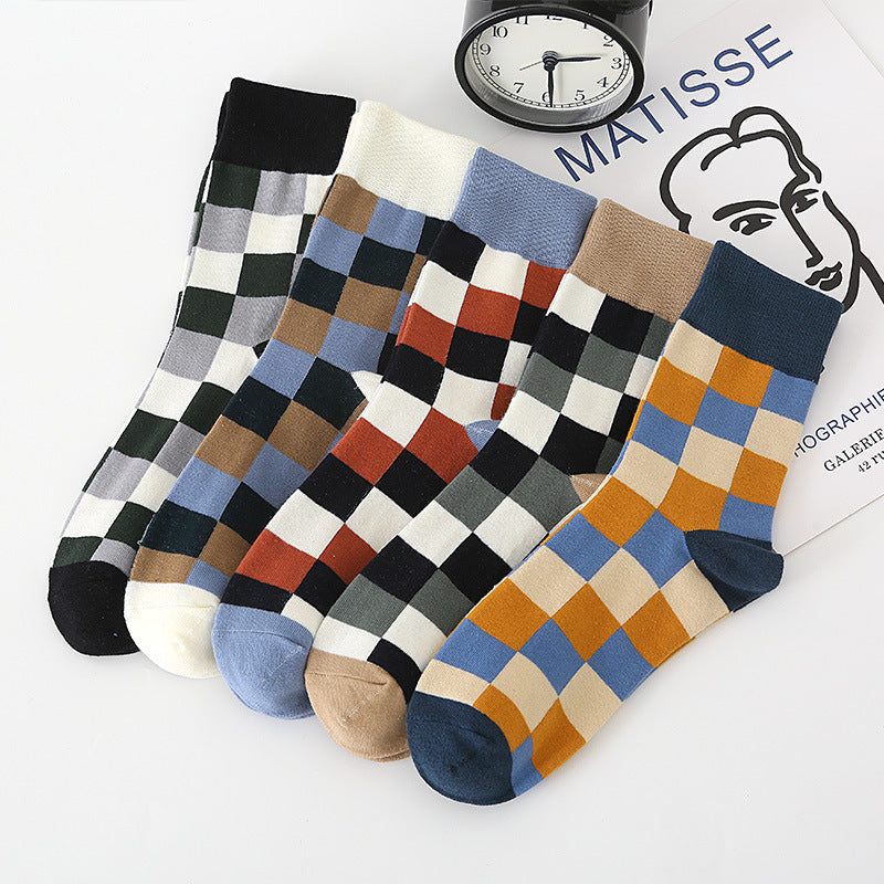 Autumn Winter English Style Pure Cotton Men's Plaid Socks