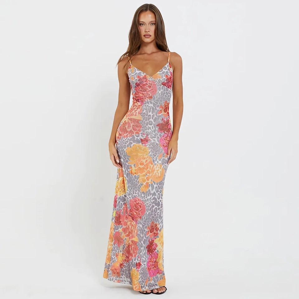 Elegant Spaghetti Strap Printed Maxi Dress - Sexy Backless Long Dress for Summer