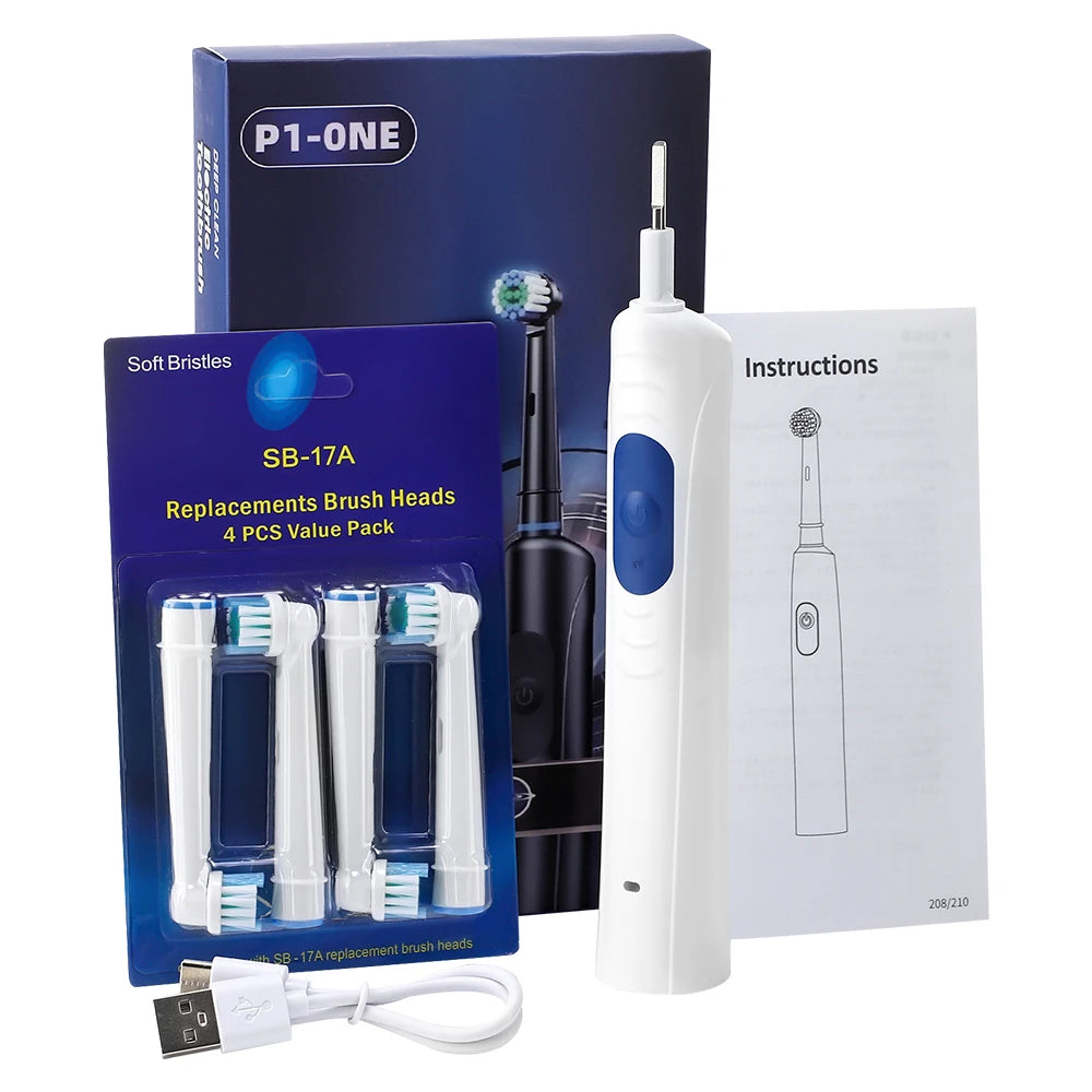 Rotary Electric Toothbrush for Adults – Smart Vibration with 3 Modes & 4 Replacement Heads