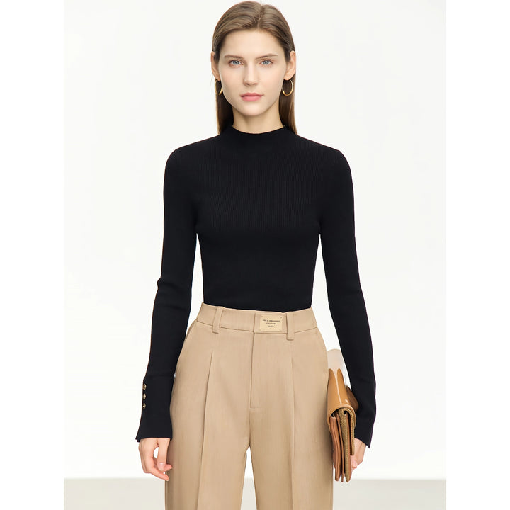 Minimalist Mock Neck Sweater with Slit Cuffs and Metal Buckle for Women