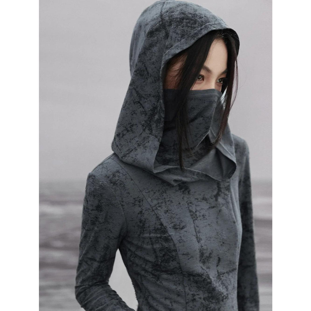 Elegant Dark Black Hooded High Neck Dress for Autumn