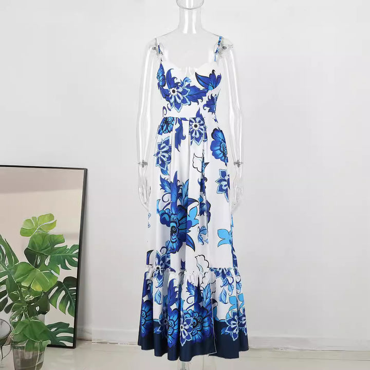 Fashion Blue Printed Sling Long Women's Dress