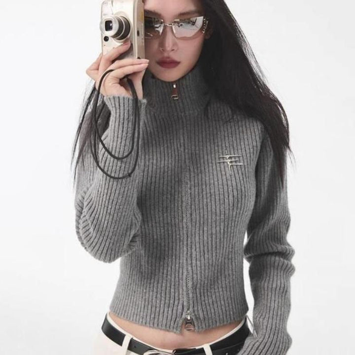 Y2K Gyaru Grey Zipper Cardigan