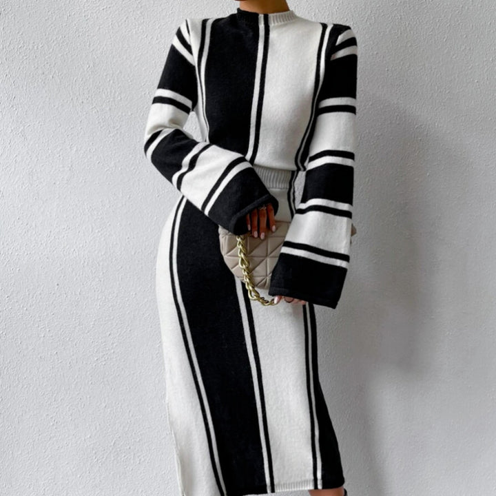 Long Striped Crew Neck Casual Women's Knitted Dress