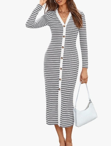 Striped Women's Long Sleeve Mid-length Dress Decoration