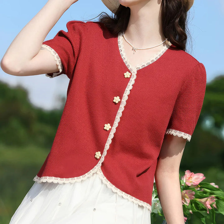 Women's Elegant Lace V-Neck Blouse