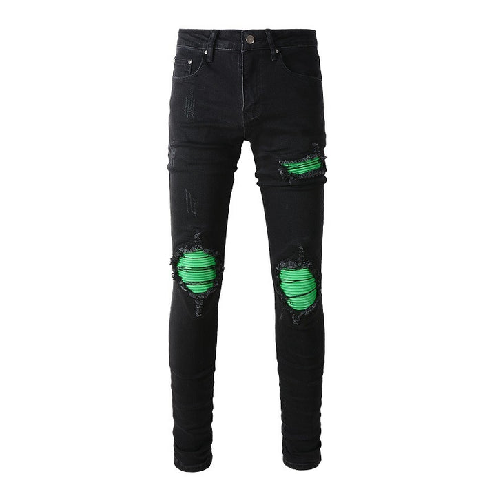 Black Ripped Jeans Men's Green Patchwork Patch Street