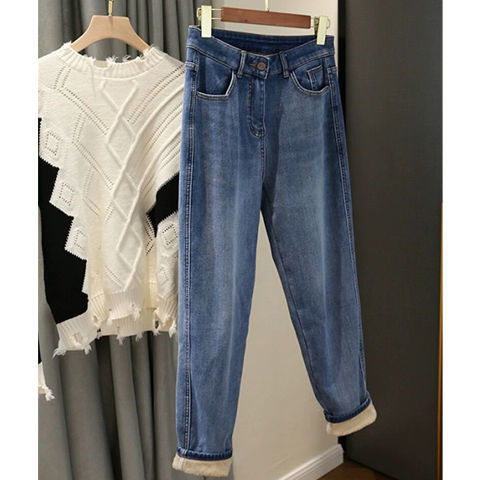 Add Fleece And Thick Blue High-waisted Daddy Jeans For Children Fall Winter