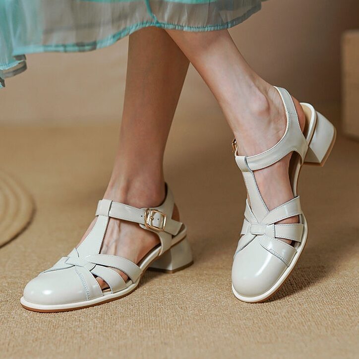 Round High Heel Leather Sandals