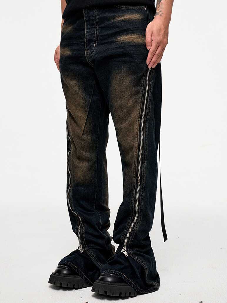 Washed Distressed Double-open Loose Zip Flared Jeans