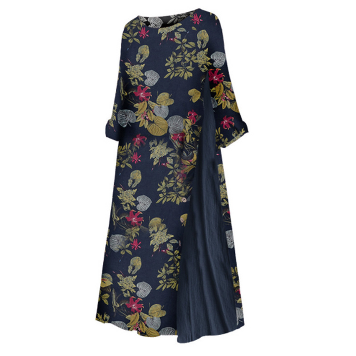 Femmes Floral Print O-Neck 3/4 Sleeve Casual Belted Maxi Robes