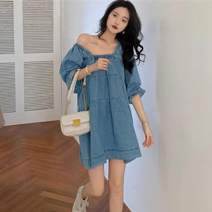 Square-cut Collar And Blue Dress French Girl Loose Skirt Female