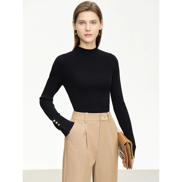 Minimalist Mock Neck Sweater with Slit Cuffs and Metal Buckle for Women