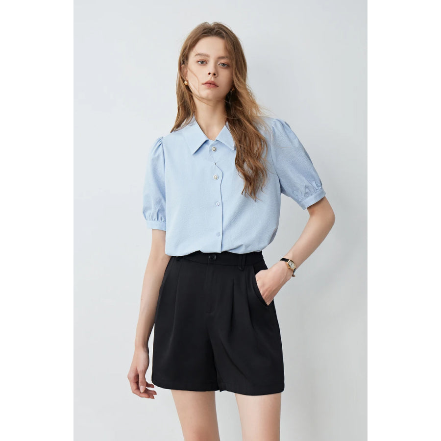 Summer French-Style Petal Placket Bubble Sleeve Top