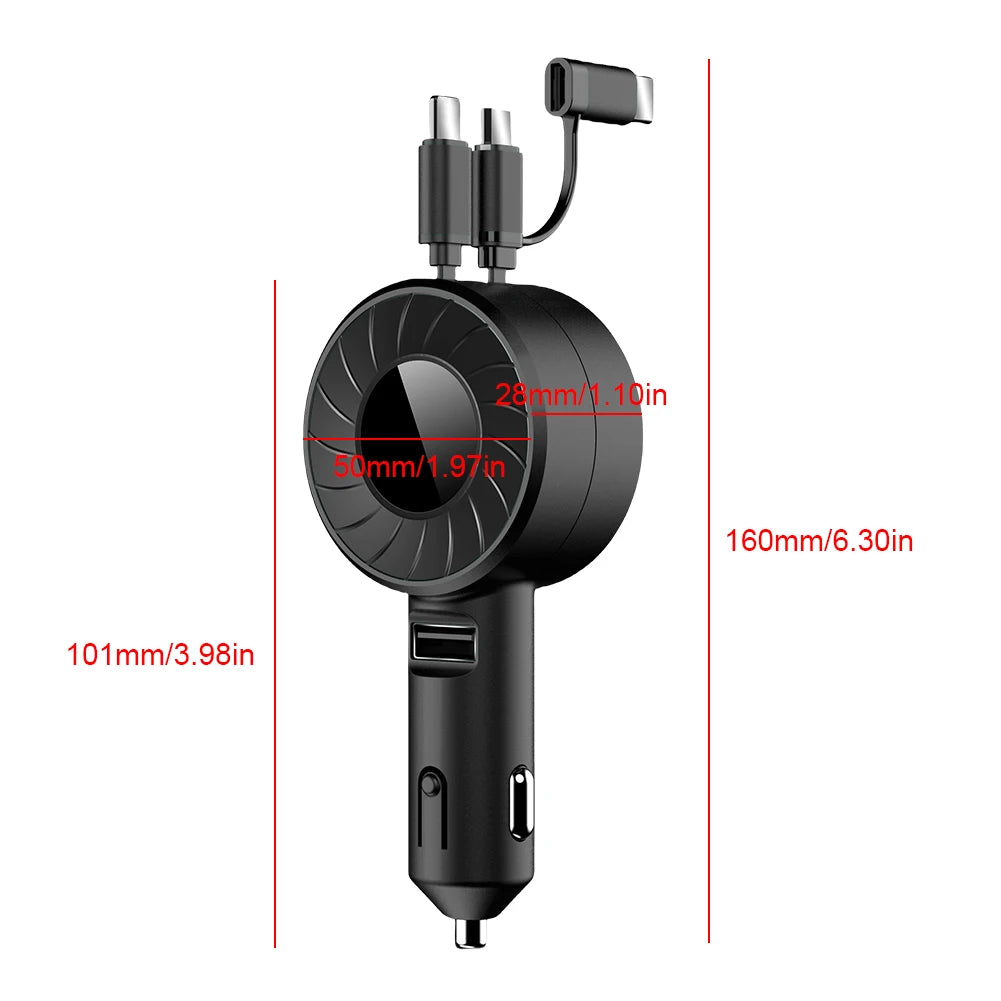 3-in-1 Retractable Fast Charging Car Charger with USB Type C and Micro USB