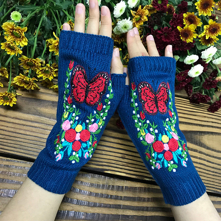 Butterfly Floral Long Warm Women's Knitted Gloves