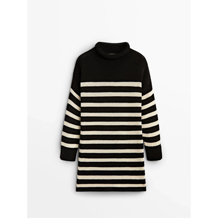 Autumn Slim-Fit Striped Turtleneck Knit Dress