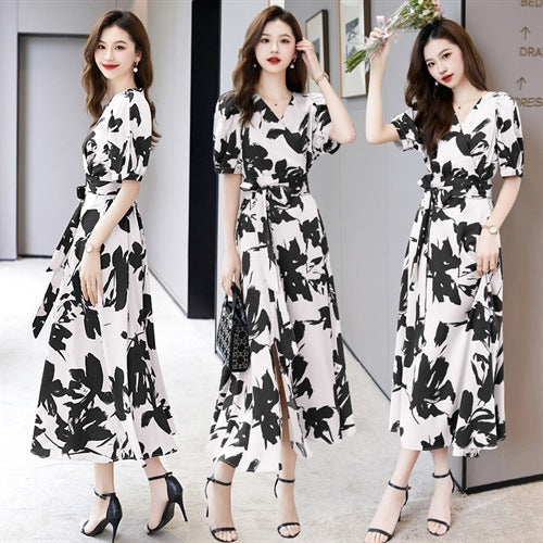 Fashion V-neck Printed Short Sleeve Dress Women