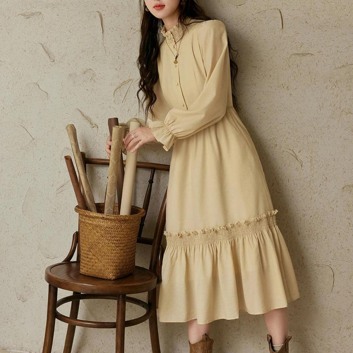 Elegant French Stand Neck A-Line Dress with Elastic Sleeves for Autumn