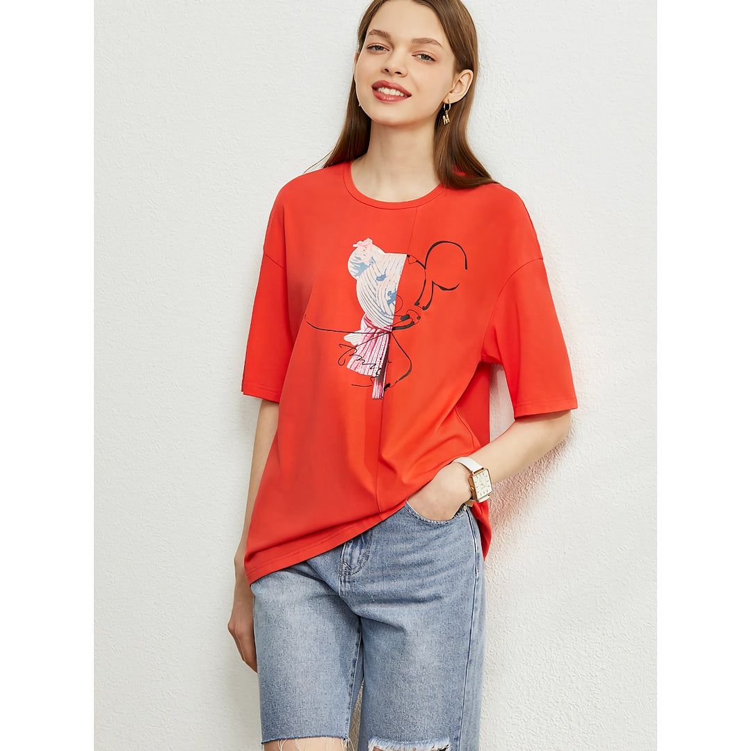 Minimalist Stretch Printed Drop Sleeve Mid-Length T-Shirts for Women