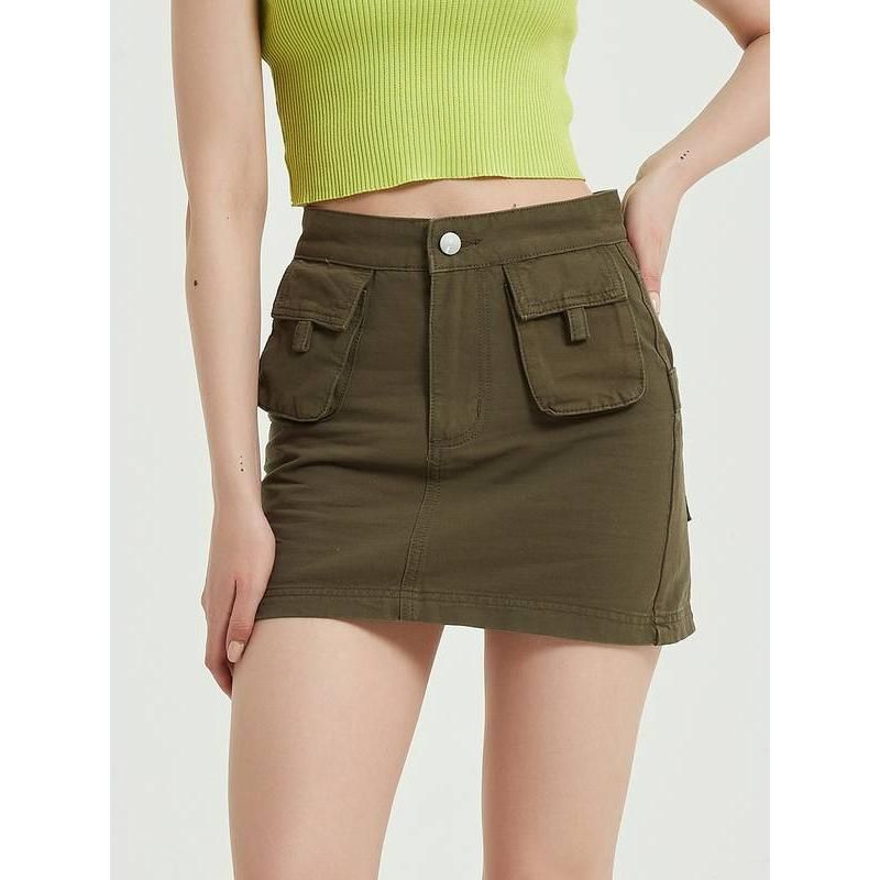 Green Denim High-Waist Pencil Skirt with Pockets