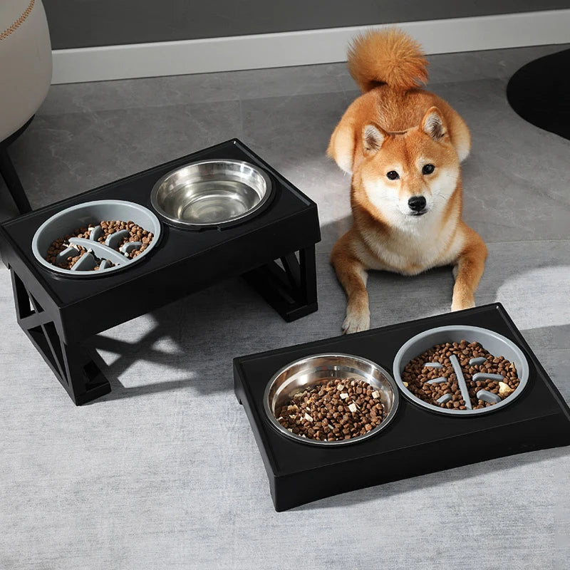 Adjustable Double Elevated Dog Bowls with Slow Feeder and Non-Slip Stand