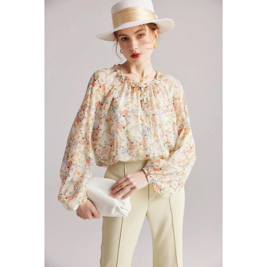 Floral Ruffle Silk-Blend Casual Blouse