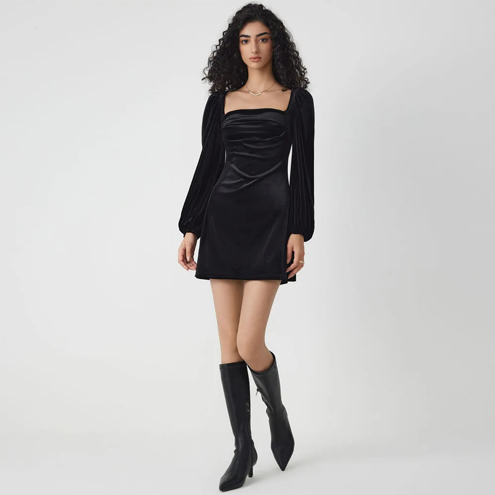 Women's Velvet Square Neck Long Sleeve Slim A-Line Mini Dress