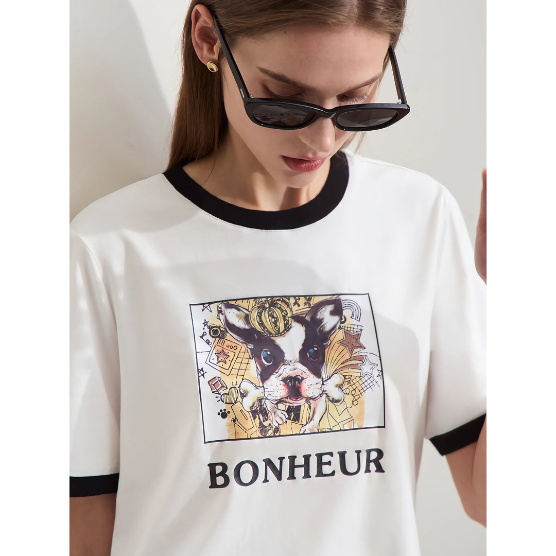 Minimalist Women's Cotton Puppy Print Patchwork T-Shirt