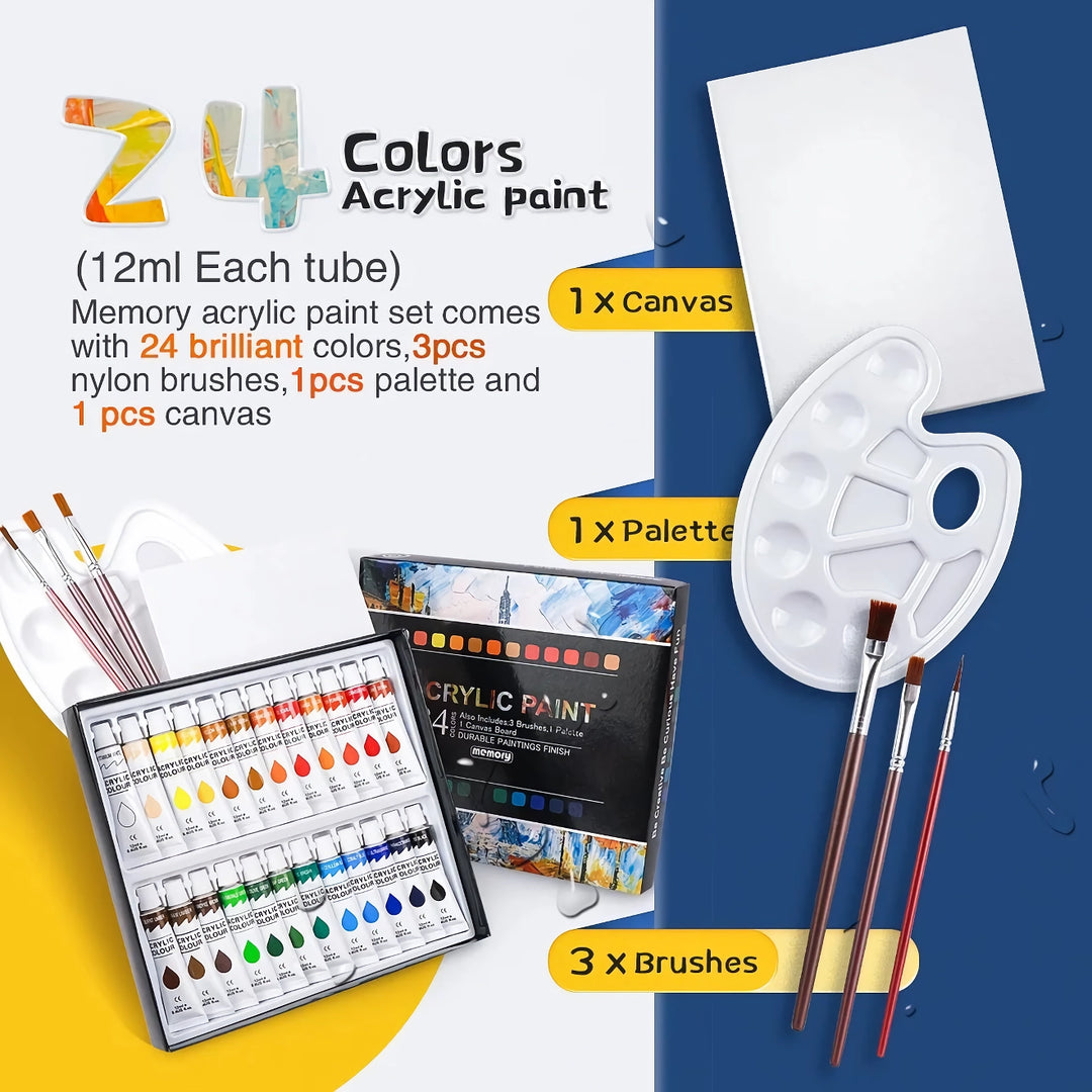 Professional Acrylic Paint Set - 12ml Tubes in 24 Vibrant Colors with Brush Set