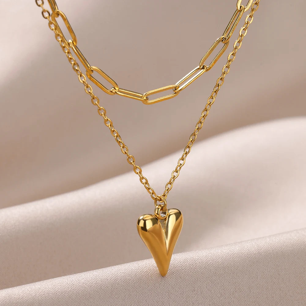 Romantic Double Layered Heart Chain Necklace