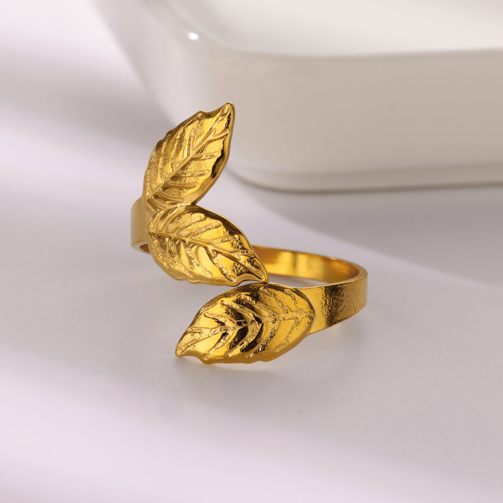 Adjustable Gold Leaves Ring for Women - Stainless Steel Statement Jewelry