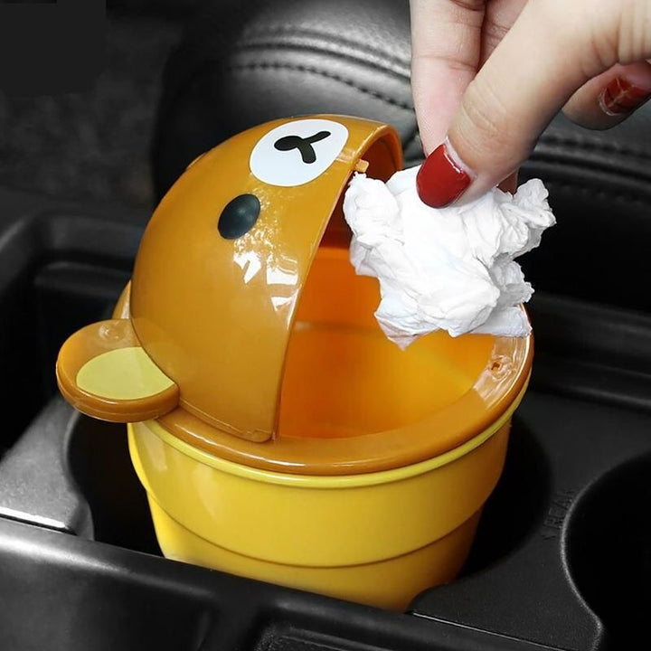 Cute Cartoon Bear Car Trash Can with Rolling Cover