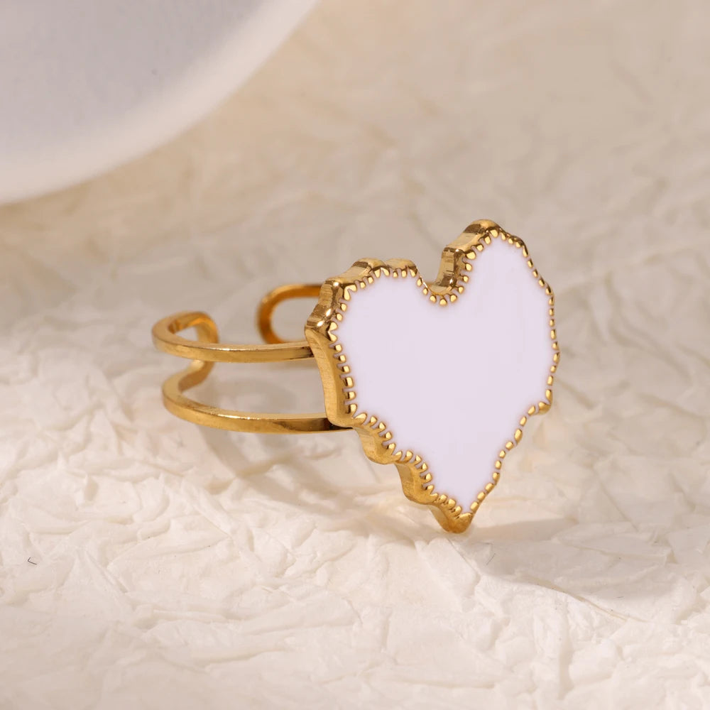 White Enamel Heart Stainless Steel Ring – Trendy, Elegant Jewelry