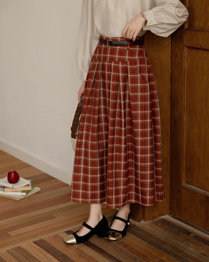 Red Plaid Pleated Midi Skirt for Women